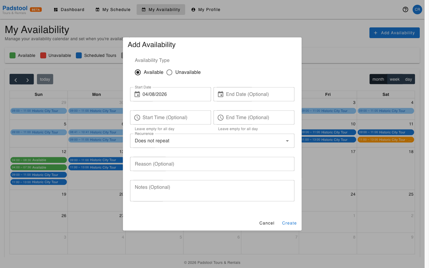 Add availability dialog