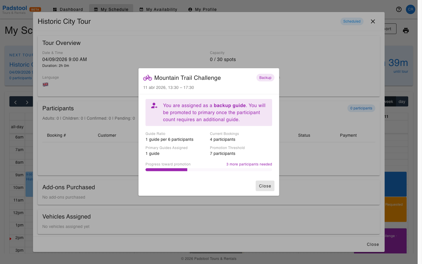 Backup event popup with auto-assignment