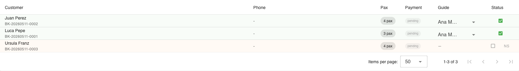 Manifest bookings with pending status