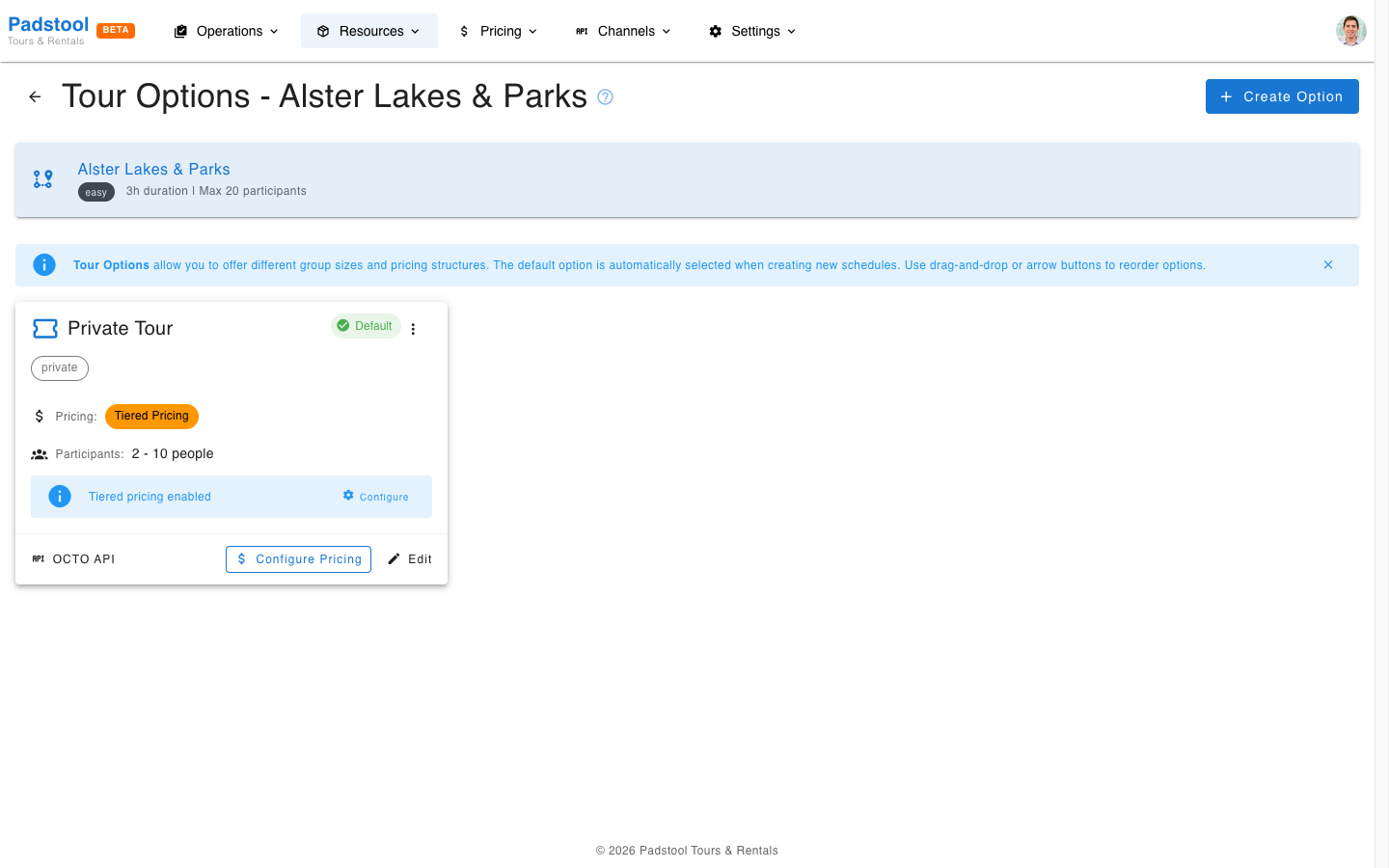 Tour options page
