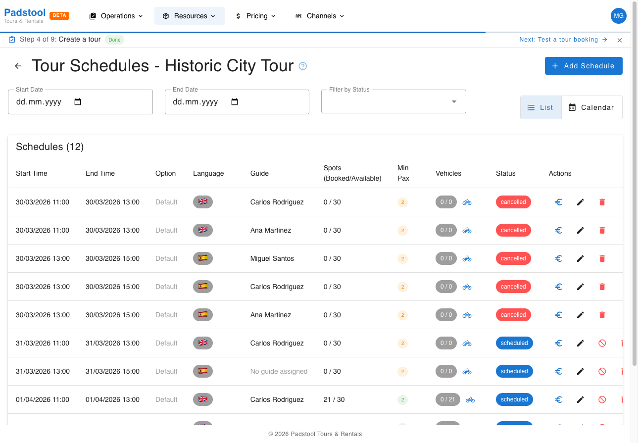 Tour schedules list