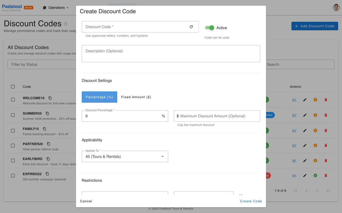 Create discount code dialog