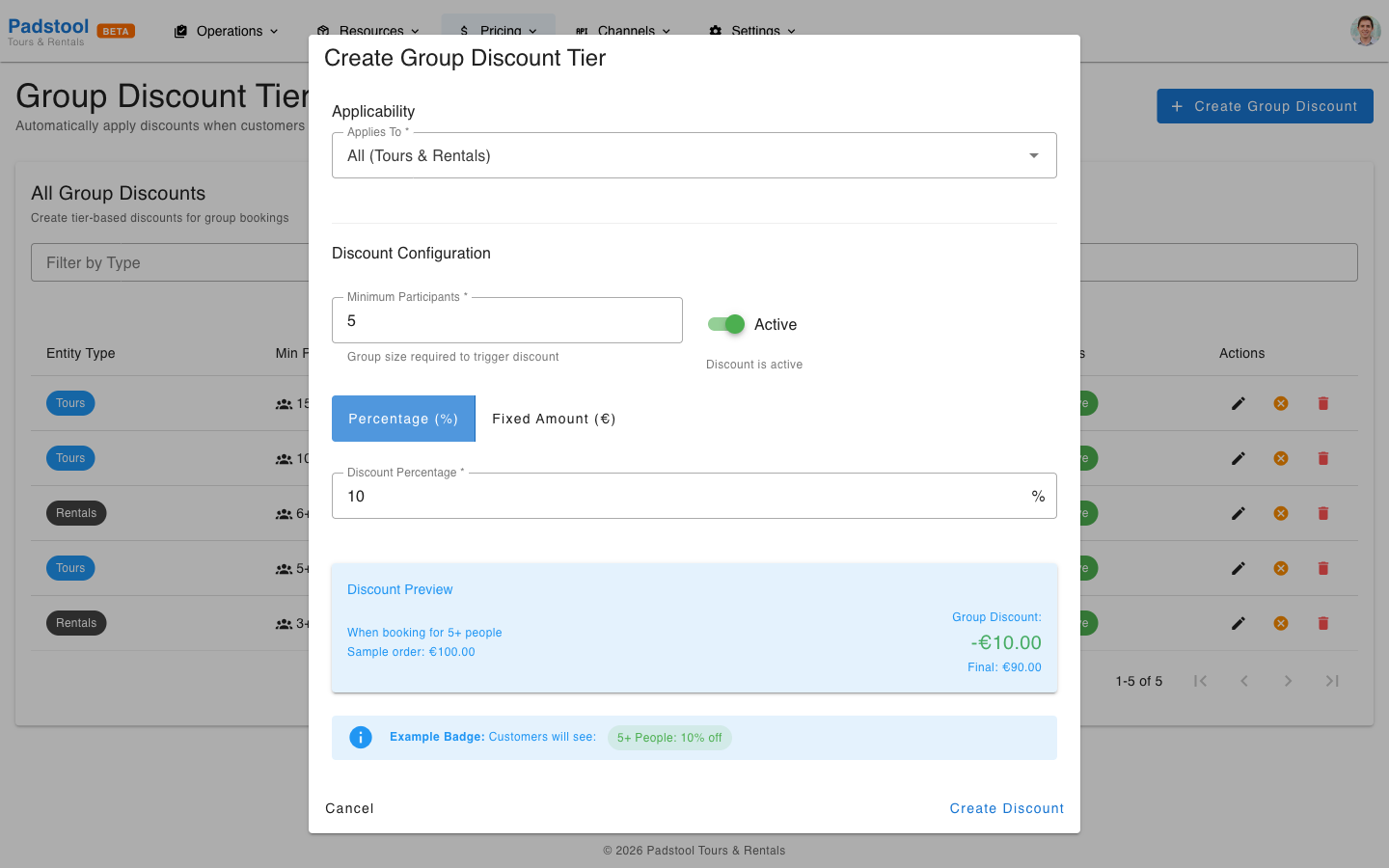 Create group discount dialog