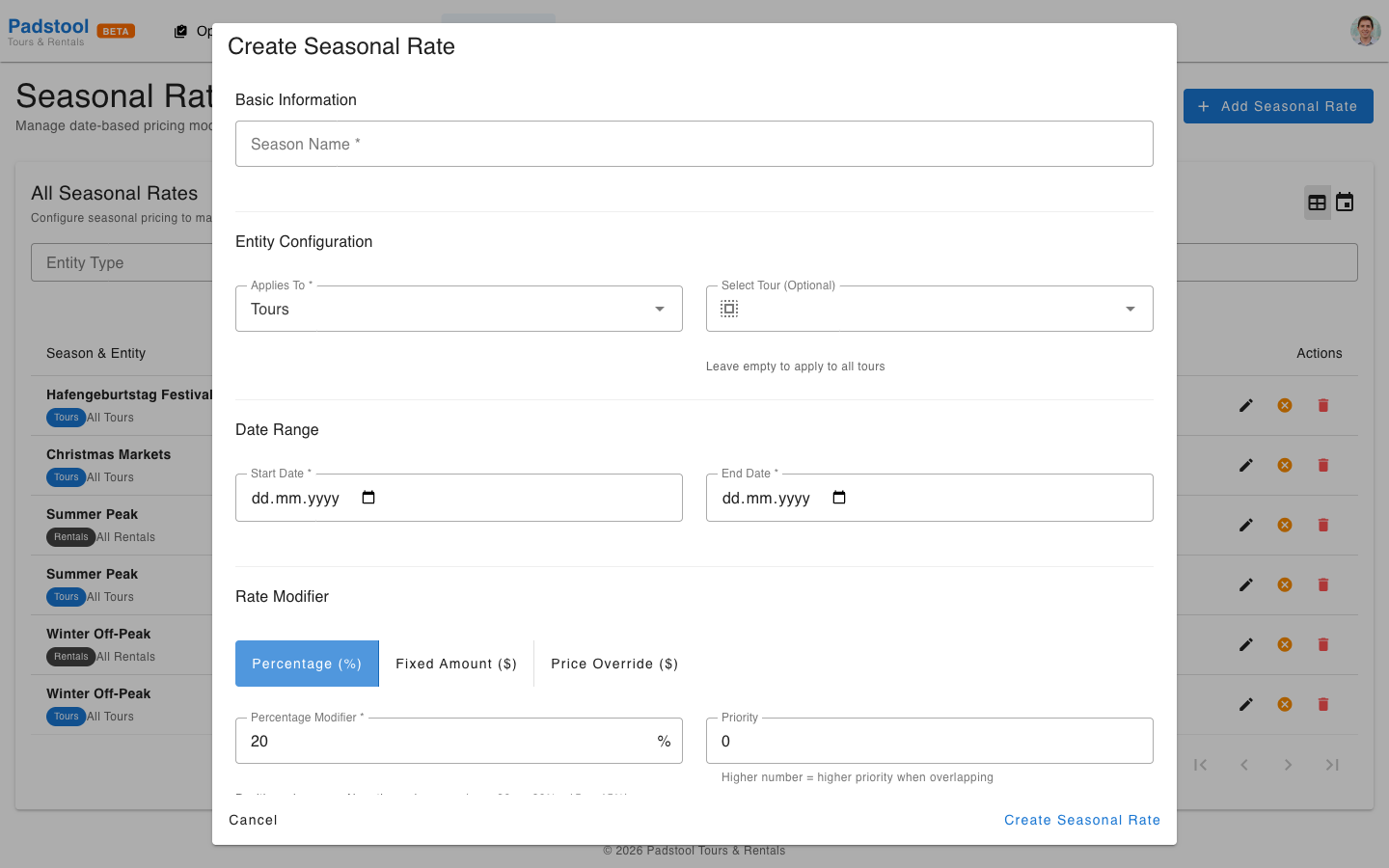 Create seasonal rate dialog